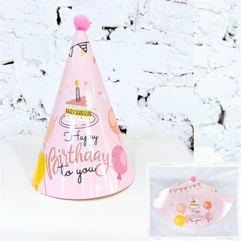 Mũ sinh nhật giấy bông chóp HỒNG + Bóng bay mã mới (SET 10C)