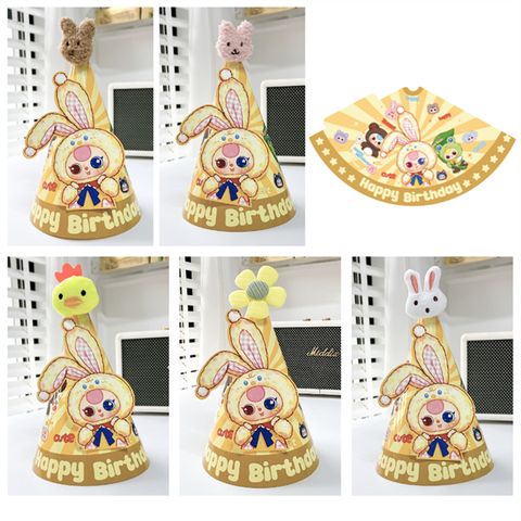 Mũ sinh nhật giấy- BABY THREE tai thỏ vàng CHÓP HOA (10c)