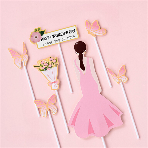 Set que giấy PN 20-10 CÔ GÁI VÁY HỒNG + bướm hồng (combo2)