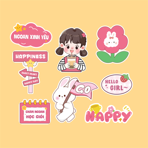 Set que giấy - TN Bé gái trà sữa hồng + ngoan xinh yêu + THỎ TRẮNG