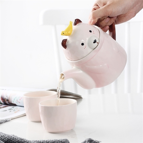 A198H Bình nước hình gấu màu hồng kèm 4 ly