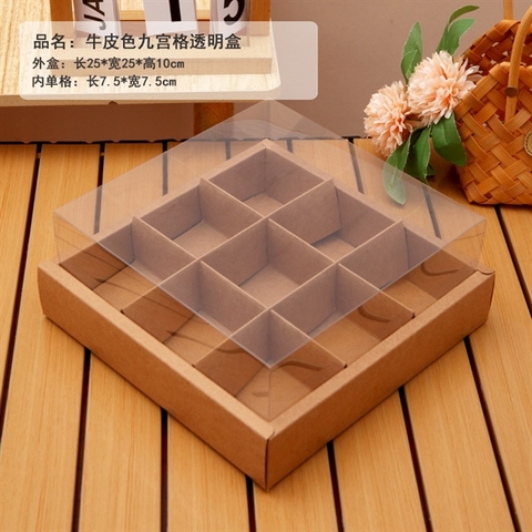 Hộp chia ngăn 9 bánh MÀU NÂU nắp mica
