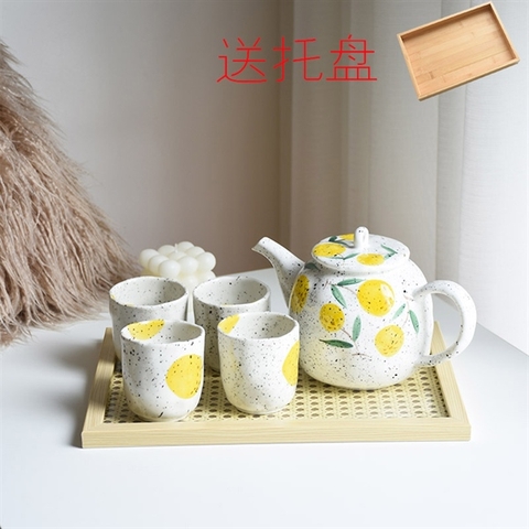 Set Ấm tách vẽ tay men chấm muối tiêu-quả chanh vàng + 4 tách 1 ấm 850ML