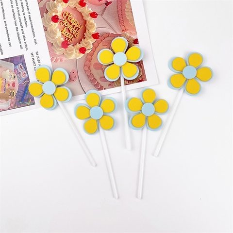 Set que cắm 5 hoa VÀNG NHỤY XANH xốp 2 lớp