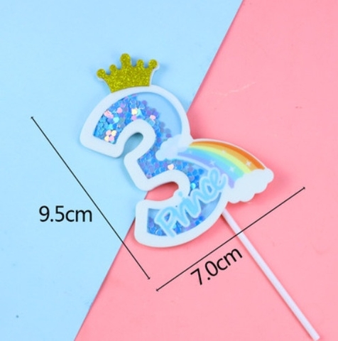 Que cắm số 3 xốp kim tuyến XANH+ cầu vồng