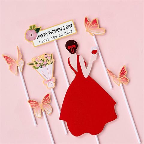 Set que giấy PN 20-10 CÔ GÁI VÁY ĐỎ + ly rượu + bướm đỏ (combo2)