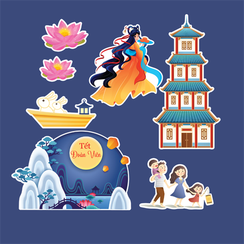 Set que giấy TT- Tết đoàn viên - Gia đình + nhà thuyền thỏ