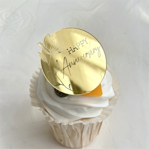 Set 5 TAG Topper mica tròn HAPPY Anniversary VÀNG