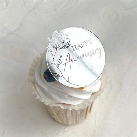 Set 5 TAG Topper mica tròn HAPPY Anniversary BẠC