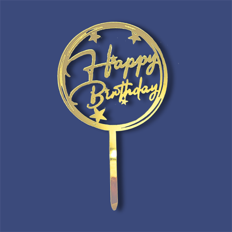 Topper mica HPBD 2 vòng tròn 3 sao VÀNG