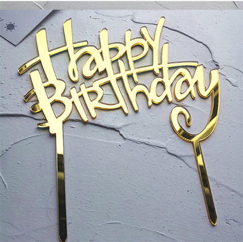 Topper mica HPBD vàng 2 que gạch ngang