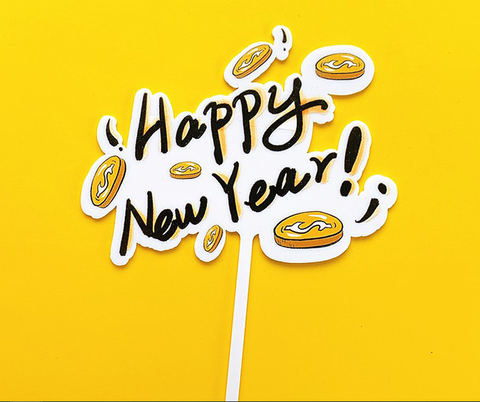 Topper mica HPNY Chữ đen nền trắng+đồng xu