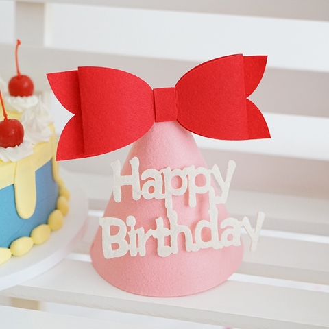 Mũ sinh nhật vải cho bé màu HỒNG TƯƠI nơ đỏ (12*14cm)