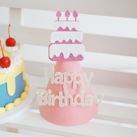Mũ sinh nhật vải cho bé màu HỒNG TƯƠI bánh sinh nhật (12*14cm)