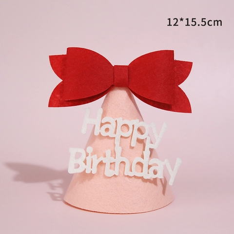 Mũ sinh nhật vải cho bé màu HỒNG CAM nơ đỏ (12*15.5cm)