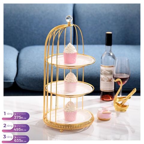 Cakestand lồng chim 3 tầng đĩa sứ TRÒN