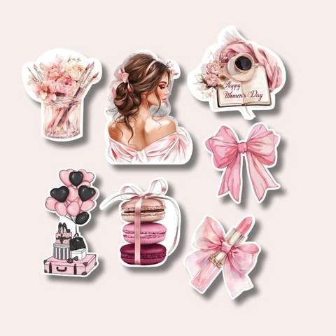 Set cắm giấy  20-10 Cô gái quay lưng + bánh macaron HỒNG + phụ kiện