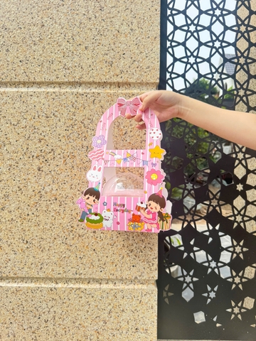 Set 5 hộp cầu đựng bánh có quai xách Bé trai gái HỒNG