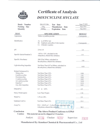 DOXYCYCLINE HCL NGUYÊN LIỆU – KHÁNG SINH PHỔ RỘNG CHUYÊN DÙNG TRONG THÚ Y & THỦY SẢN