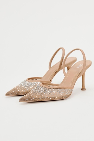 MESH HIGH-HEEL SLINGBACK SHOES WITH EMBELLISHED RHINESTONES