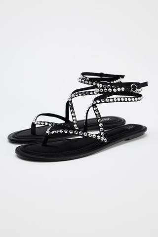 LACE-UP FLAT SLIDER SANDALS WITH RHINESTONES