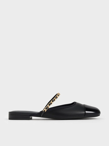 Patent Two-Tone Chain-Strap Mules Long
