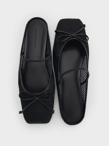 Mesh Bow Square-Toe Ballet Mules