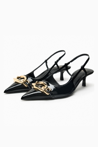 ZARA BLACK SLINGBACK KITTEN HEELS WITH CHAIN