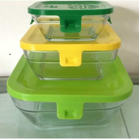 Bộ 3 thố thủy tinh hình vuông có nắp đậy