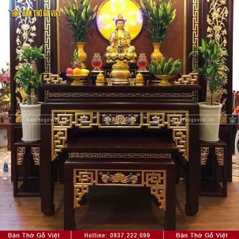 Bàn Thờ Đứng Gia Tiên Hoa Sen Vàng Gỗ Sồi 107x61 GV-TD019
