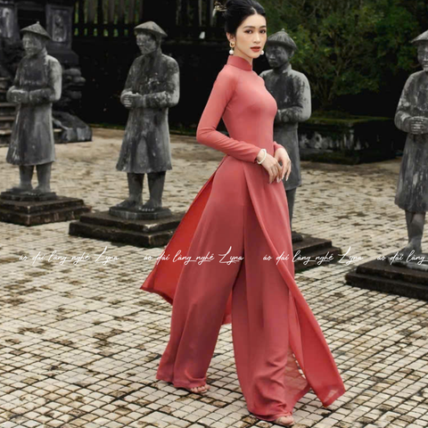 Áo Dài Màu Hồng Đỗ Truyền Thống 4 Tà Chiffon Tay Dài Ôm Eo, Tôn Vóc Dáng Thanh Lịch Cuốn Hút