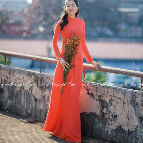 Áo Dài Đỏ Cam Truyền Thống 4 Tà Chiffon Tay Dài Ôm Eo, Tôn Vóc Dáng Thanh Lịch Cuốn Hút