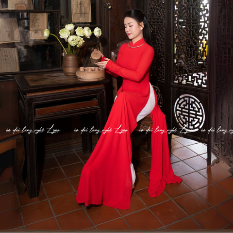 Áo Dài Màu Đỏ Truyền Thống 4 Tà Chiffon Tay Dài Ôm Eo, Tôn Vóc Dáng Thanh Lịch Cuốn Hút