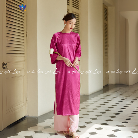 Áo Dài Gâm Suông Hồng Sen Cát Tường Thiết Kế Cổ Tròn Sang Chảnh, Quý Phái