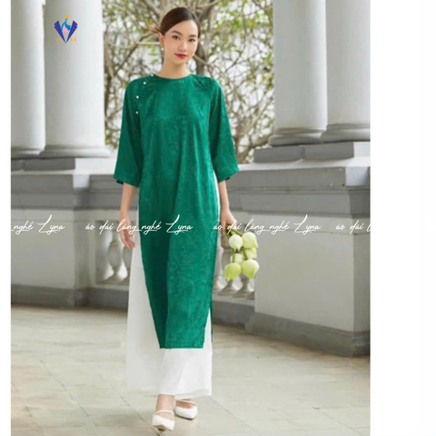 Áo Dài Gấm Suông Lục Bảo Thanh Tâm Cổ Tròn Sang Chảnh Quý Phái