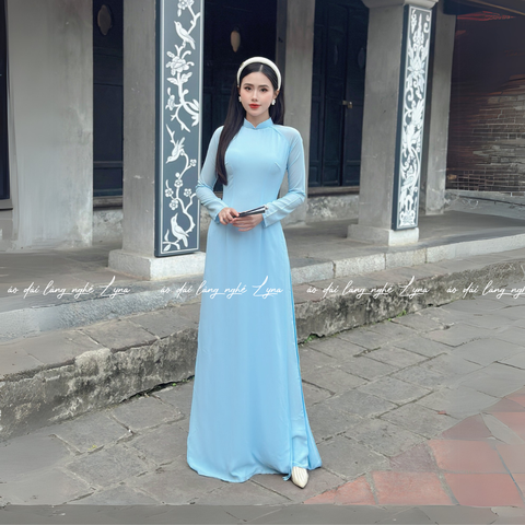 Áo Dài Màu Xanh Dương Truyền Thống 4 Tà Chiffon Tay Dài Ôm Eo, Tôn Vóc Dáng Thanh Lịch Cuốn Hút