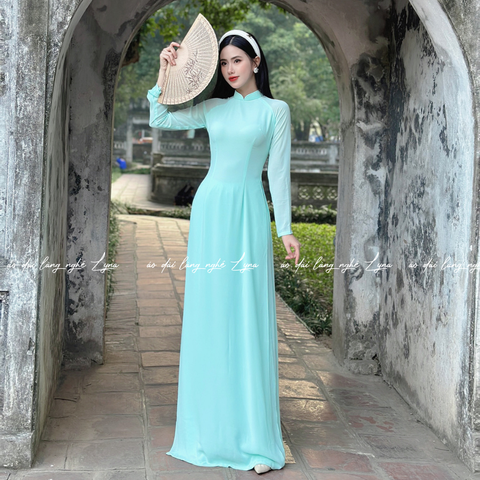 Áo Dài Màu Xanh Ngọc Truyền Thống 4 Tà Chiffon Tay Dài Ôm Eo, Tôn Vóc Dáng Thanh Lịch Cuốn Hút