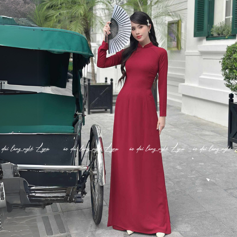Áo Dài Màu Đỏ Đô Truyền Thống 4 Tà Chiffon Tay Dài Ôm Eo, Tôn Vóc Dáng Thanh Lịch Cuốn Hút