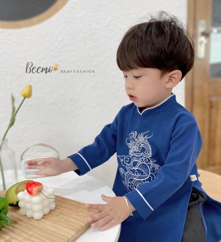 Set áo dài cách tân thêu long nhung tăm Beemo 2 màu xanh và đỏ