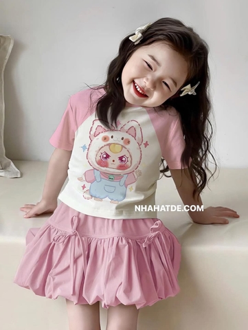 Bộ Baby Three mèo áo raglan trắng hồng mix chân váy nơ