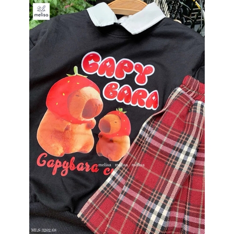Bộ nỉ dài tay Capybara Melisa chân váy xếp ly caro đỏ đen