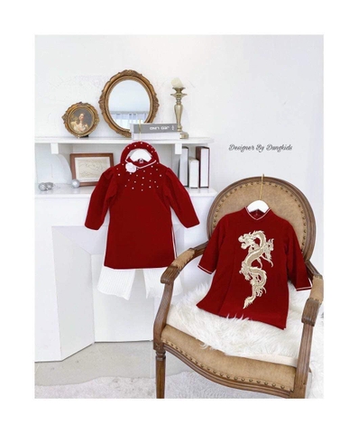 Áo dài nhung đỏ 2 mẫu bé trai bé gái