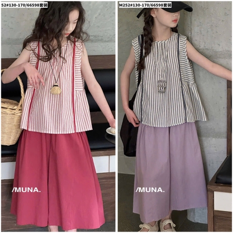 Bộ áo kẻ sát nách Munaya Studio quần lửng ống rộng 2 màu Đỏ và Xám