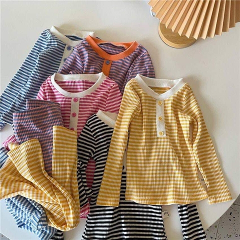 Bộ dài tay kẻ ngang 3 cúc 5 màu hồng, tím, vàng, xanh, đen