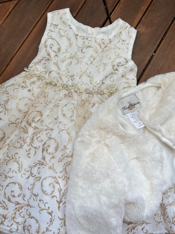 Váy dạ hội trắng voan họa tiết lá vàng đính eo kèm áo lông trắng hãng Rare Editions