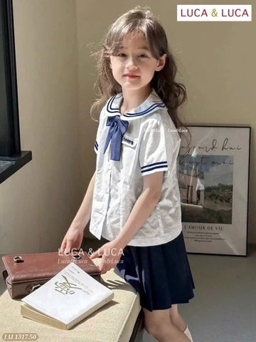 Bộ thủy thủ Happy cổ sen kèm nơ Luca&Luca chân váy navy