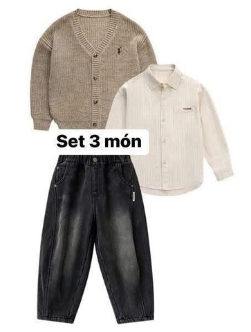 Set 3 món áo cardigan, áo sơ mi be và quần bò đen