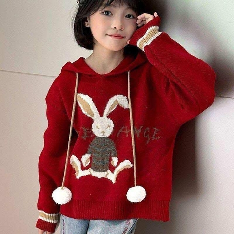 Áo len thỏ màu đỏ đô có mũ kèm 2 cục bông