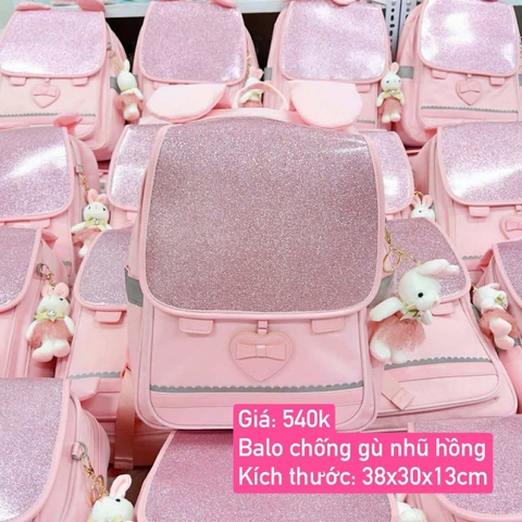Balo chống gù HỒNG NHŨ tai thỏ kèm móc khóa size 38x30x13cm