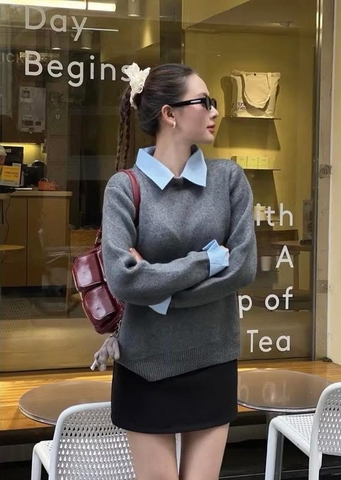 Áo len dài tay màu xám đính cổ sơ mi xanh
